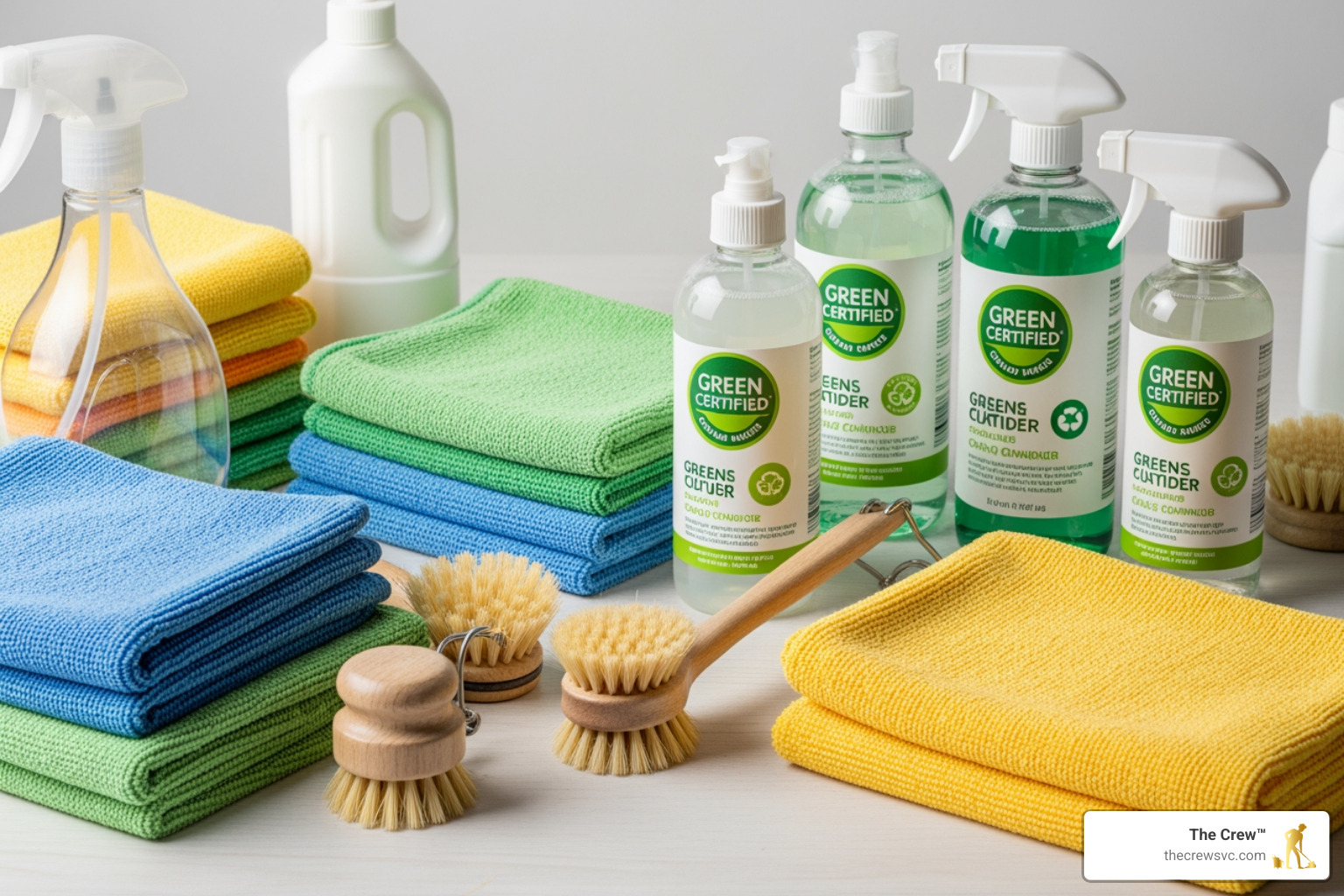 Eco-friendly cleaning supplies including microfiber cloths and green-certified solutions Eco-friendly cleaning supplies including microfiber cloths and green-certified solutions