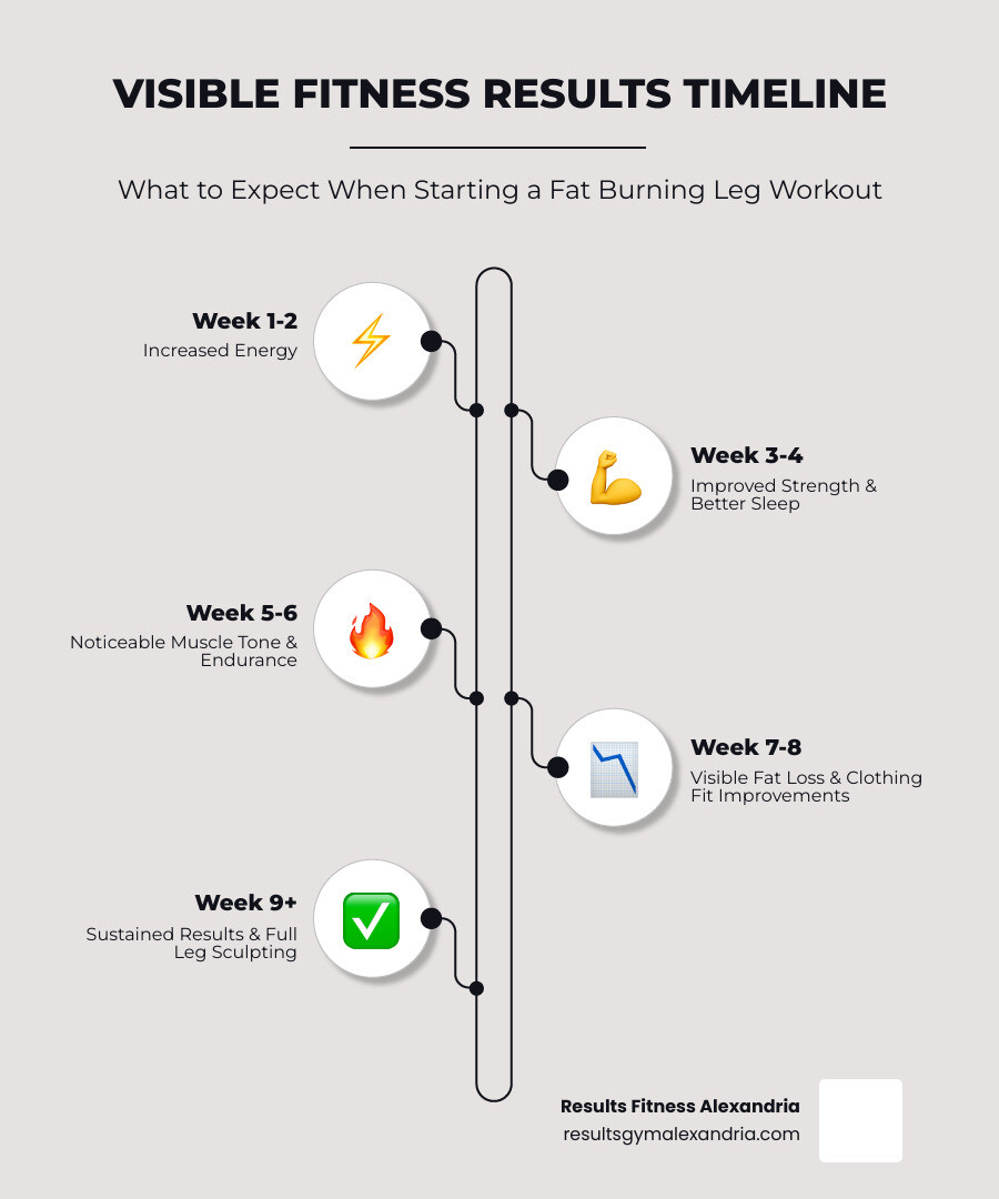 Infographic showing a timeline of fitness results: Week 1-2 (Increased Energy), Week 4 (Improved Strength), Week 8 (Visible