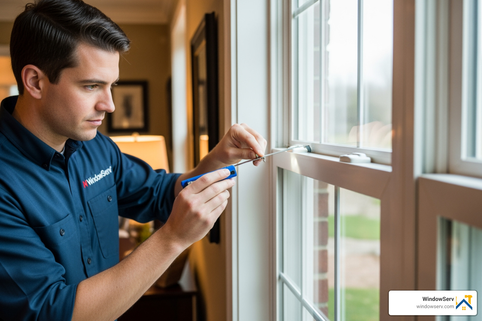 technician inspecting a window sash for gaps
