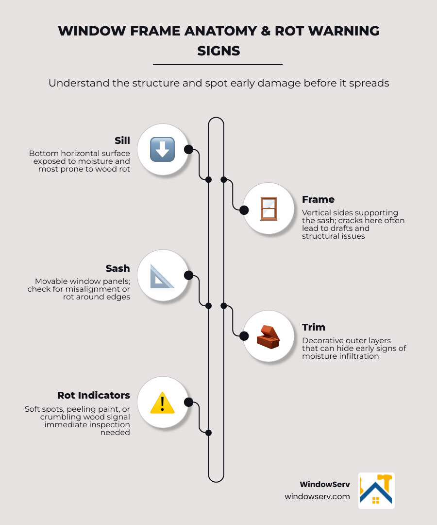 Window frame anatomy infographic showing sill, sash, frame, and rot warning signs infographic