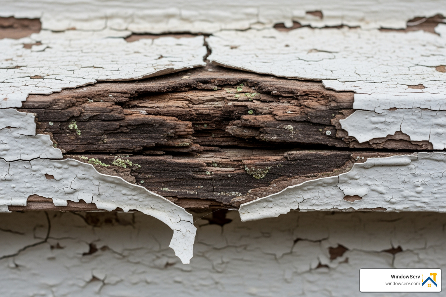 Close-up of wood rot on an exterior window sill with peeling paint