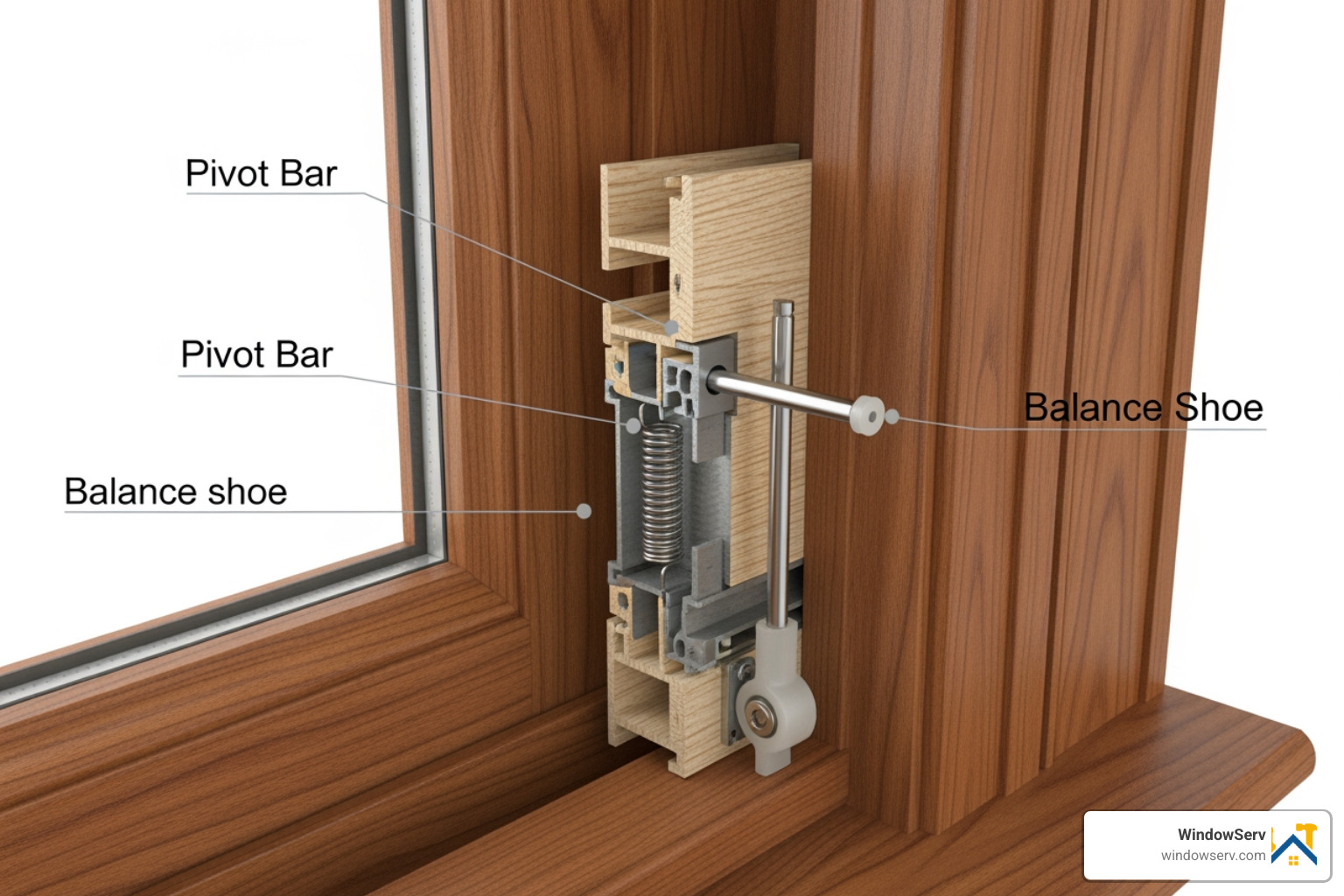 Diagram of a double-hung window balance system including the pivot bar and shoe