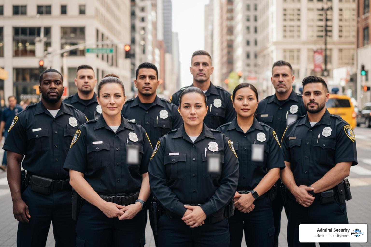 A diverse team of security professionals standing together with blurred badges