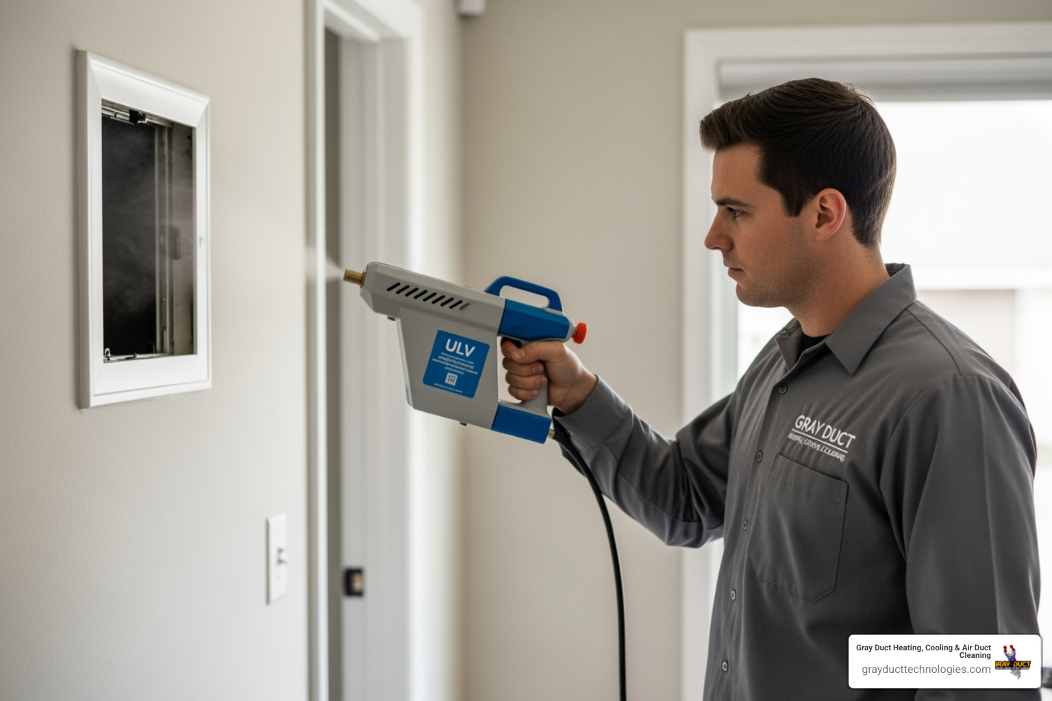 Technician using a ULV fogger to apply antimicrobial mist to a residential HVAC vent