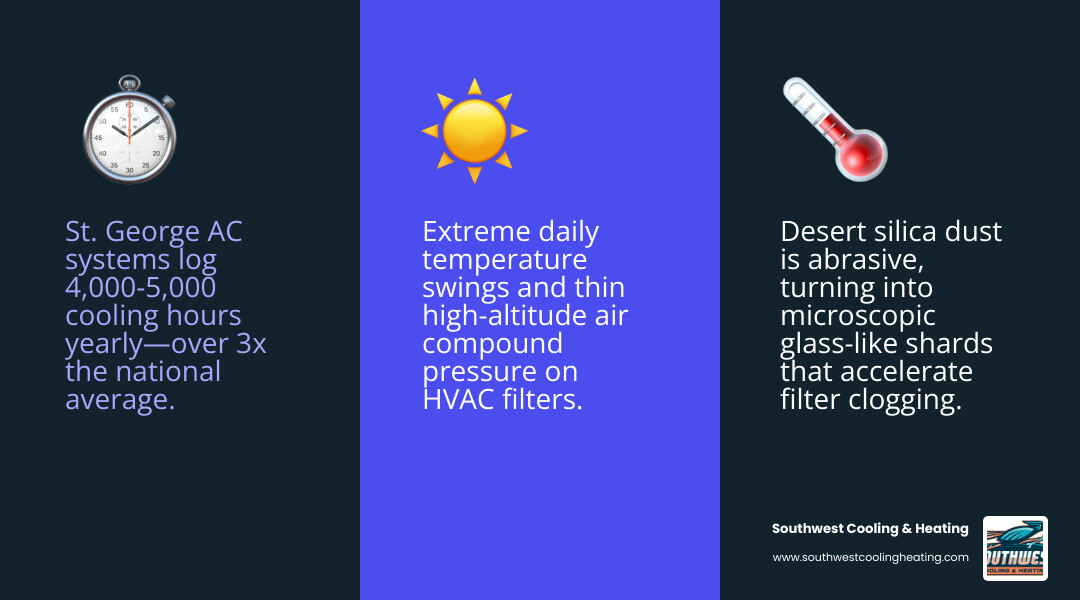 Infographic showing accelerated HVAC filter clogging cycle in high desert arid climates with replacement frequency timeline Infographic showing accelerated HVAC filter clogging cycle in high desert arid climates with replacement frequency timeline