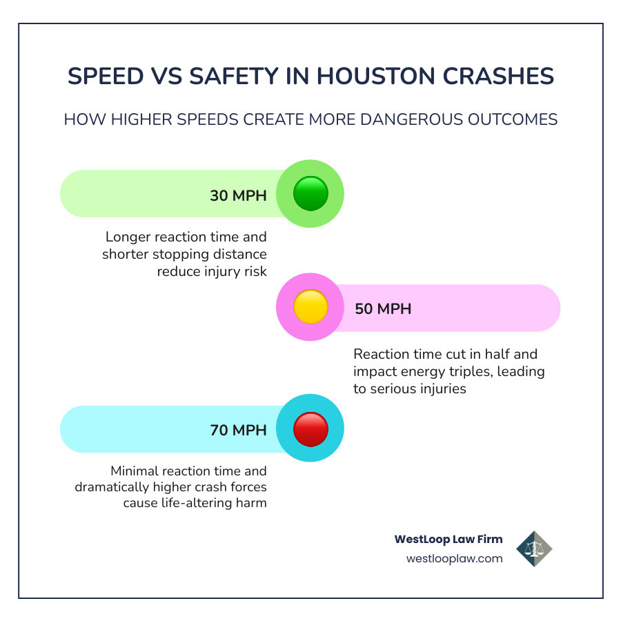 Infographic showing stopping distances and impact energy at 30, 50, and 70 mph on Houston highways infographic Infographic showing stopping distances and impact energy at 30, 50, and 70 mph on Houston highways infographic
