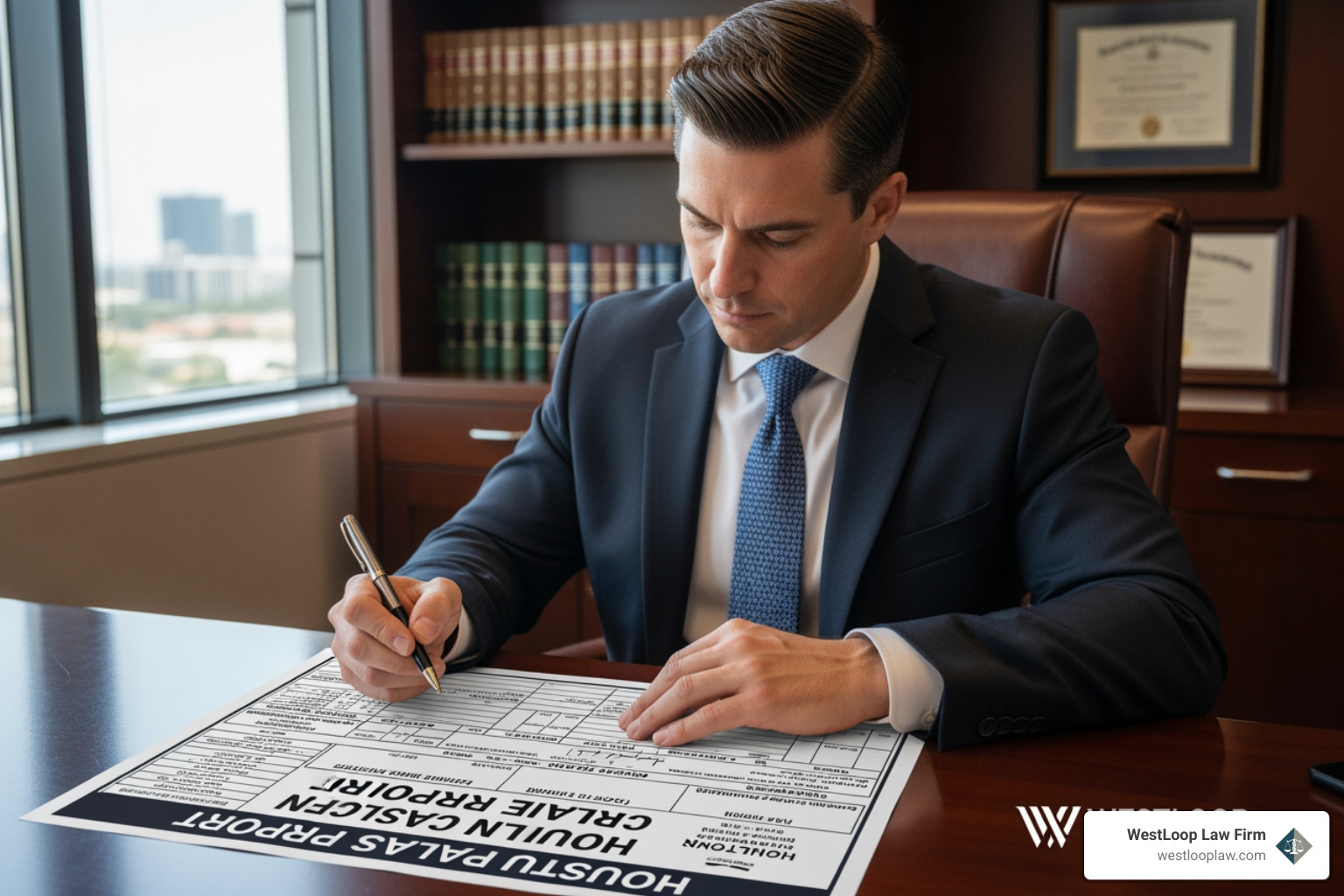 Westloop Law Firm attorney reviewing a Houston police crash report Westloop Law Firm attorney reviewing a Houston police crash report