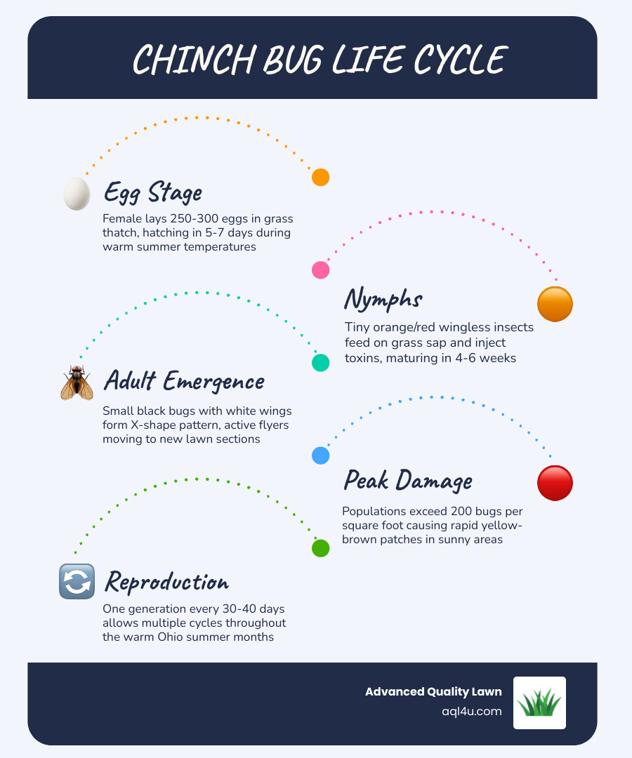 Chinch bug life cycle infographic from egg to adult with damage timeline infographic