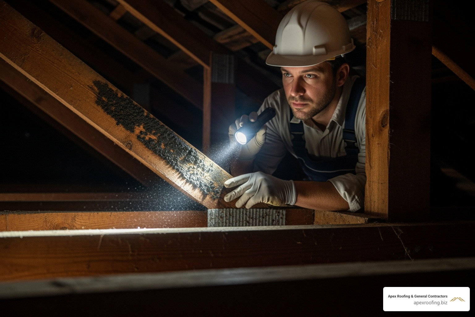 Professional inspecting attic rafters for water stains and mold growth caused by a roof leak