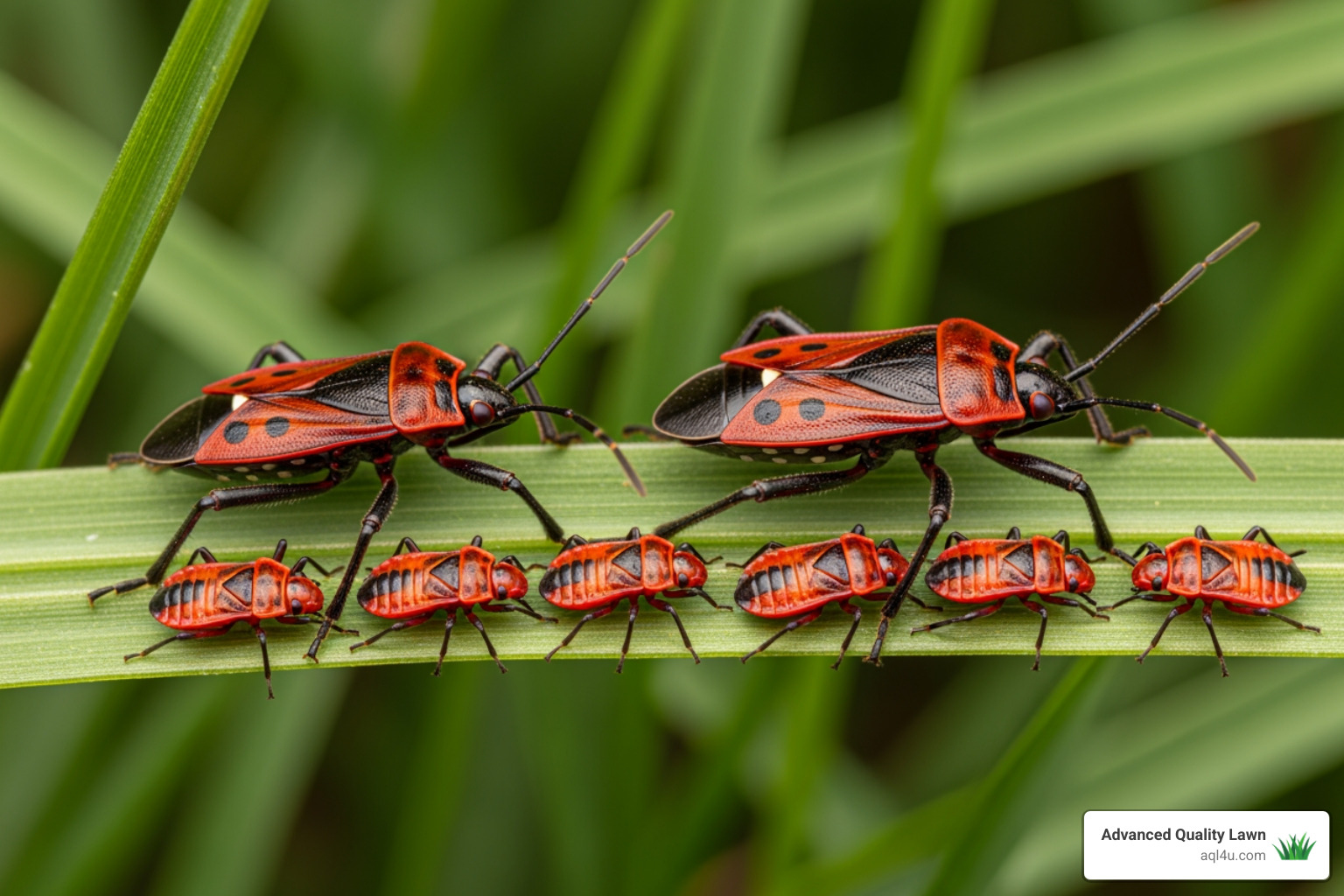 Close up of adult chinch bugs and red nymphs on grass blades