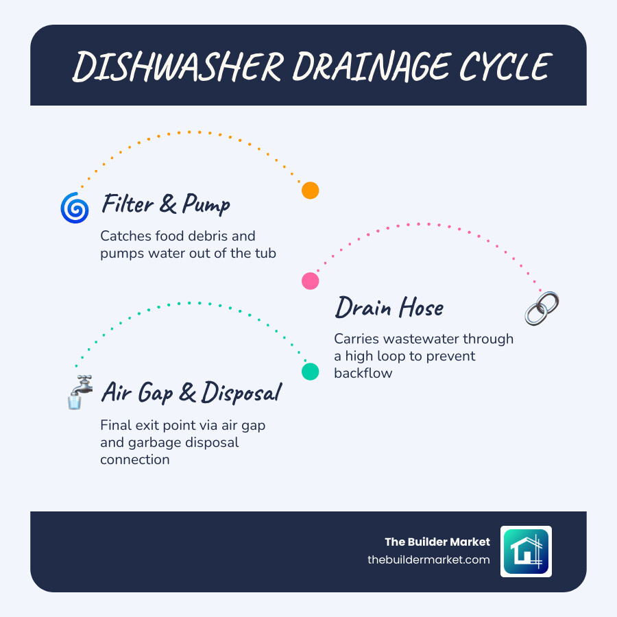 Infographic showing the dishwasher drainage cycle: pump, filter, drain hose, air gap, and garbage disposal connection