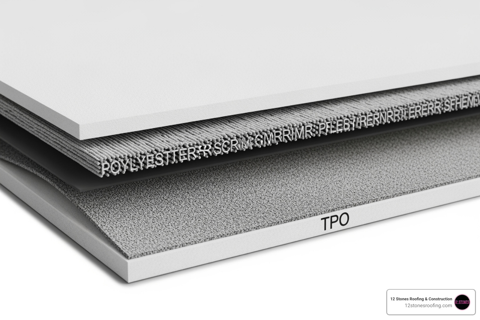 Cross-section of TPO membrane showing top ply, polyester reinforcement, and bottom ply Cross-section of TPO membrane showing top ply, polyester reinforcement, and bottom ply