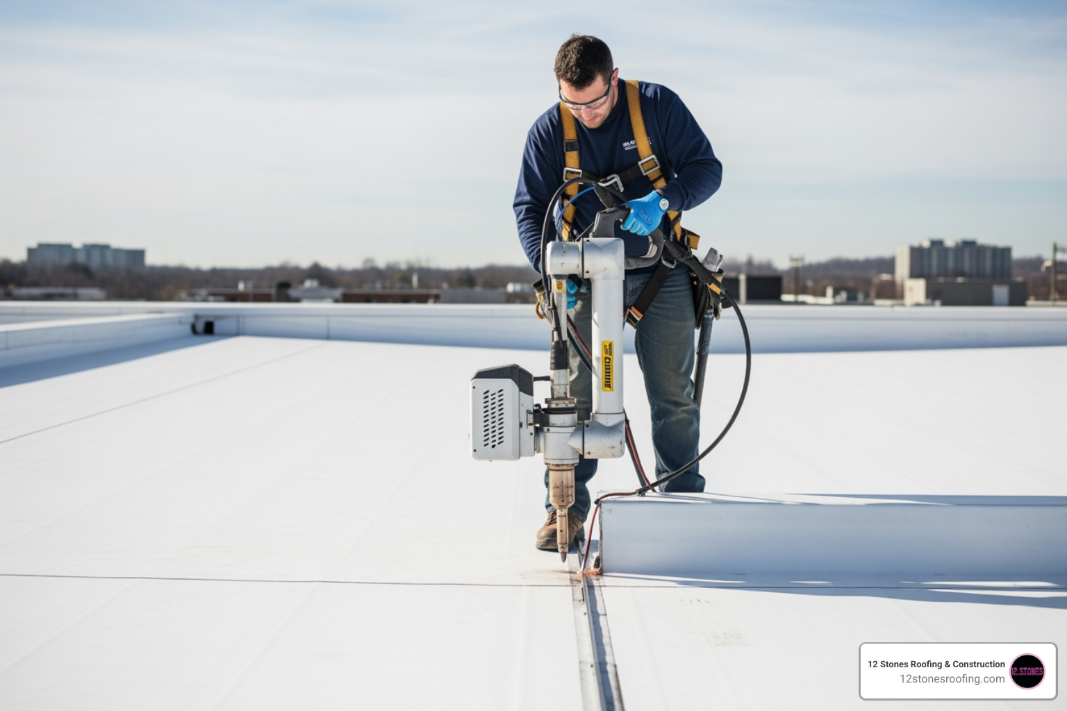 Contractor using a robotic heat welder to seal TPO seams Contractor using a robotic heat welder to seal TPO seams