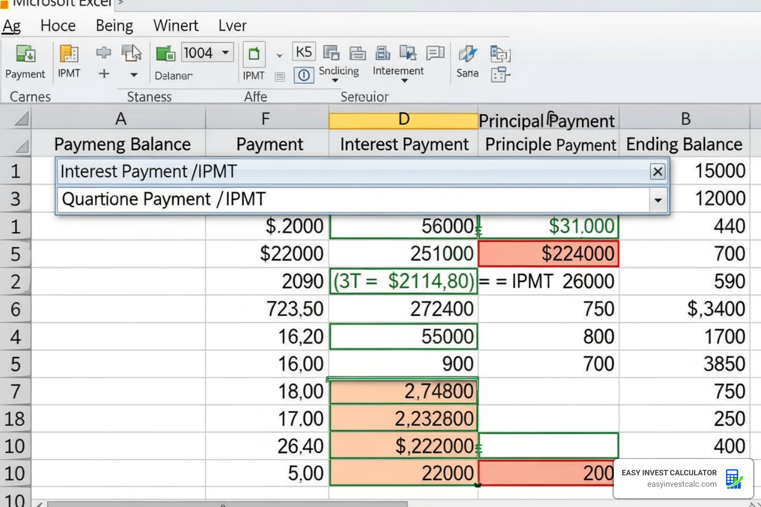 Excel formulas in action showing PMT and IPMT functions