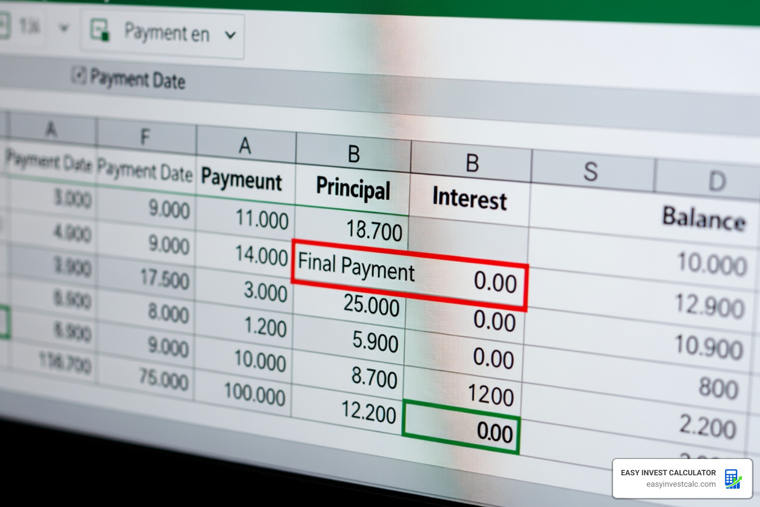 A corrected final payment row in an Excel spreadsheet reaching exactly zero