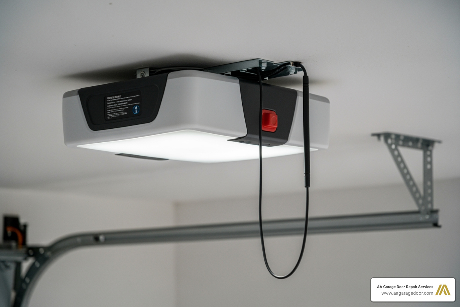 Close-up of a garage door opener motor unit showing the antenna wire hanging down