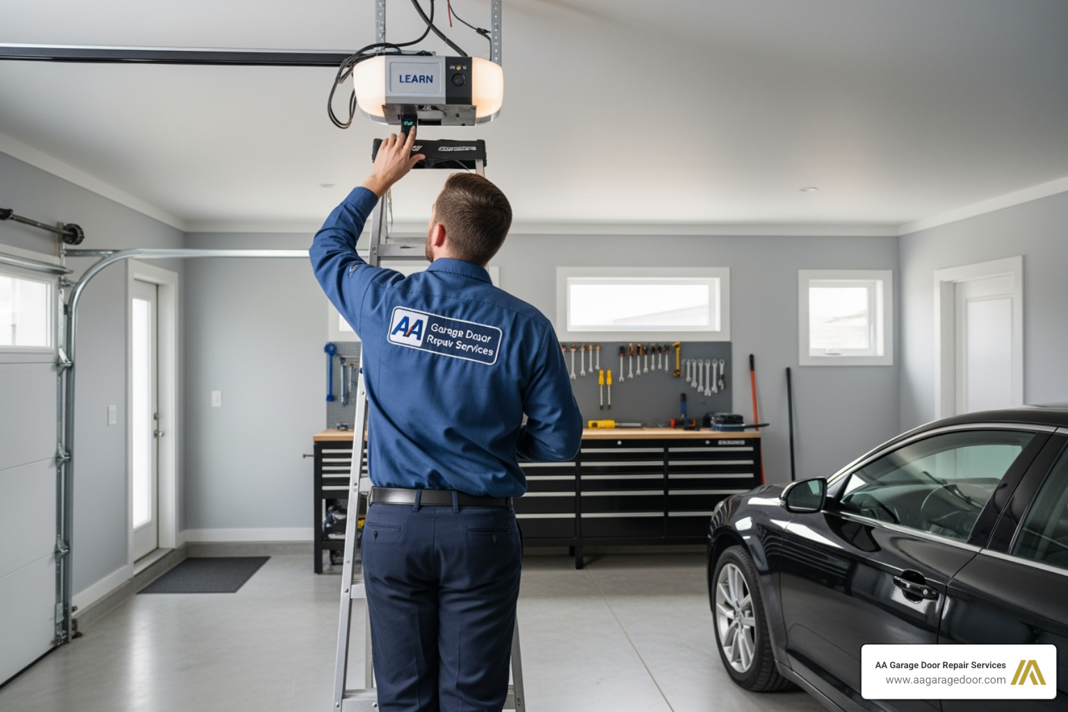 Professional technician on a ladder pressing the Learn button on a ceiling-mounted opener
