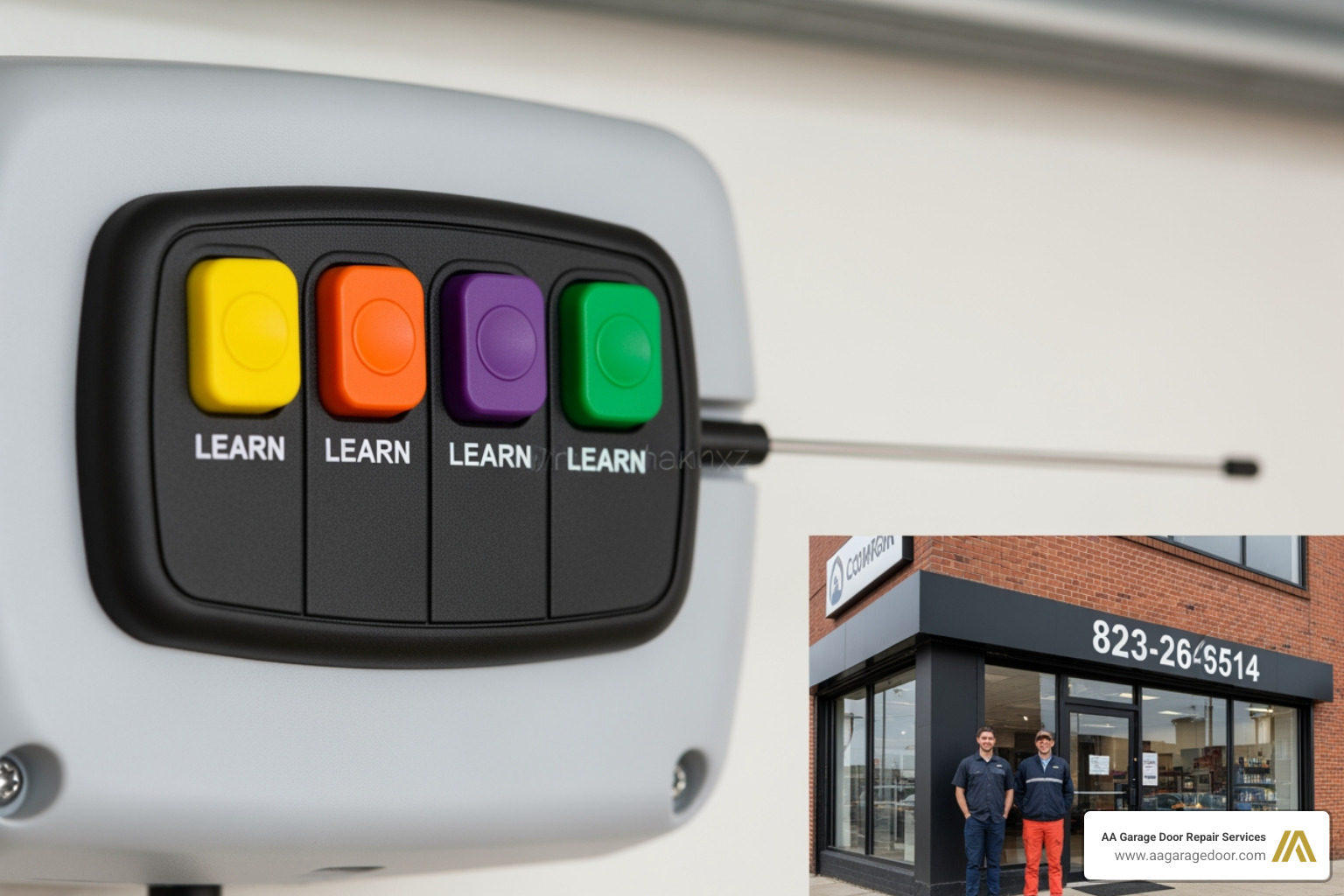 close up of different colored learn buttons on garage door openers close up of different colored learn buttons on garage door openers