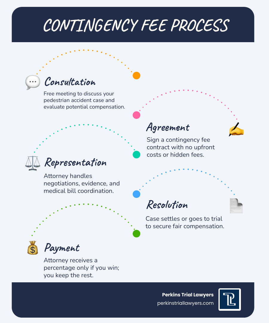 Infographic explaining contingency fee arrangements, showing no upfront costs and payment as a percentage of settlement Infographic explaining contingency fee arrangements, showing no upfront costs and payment as a percentage of settlement