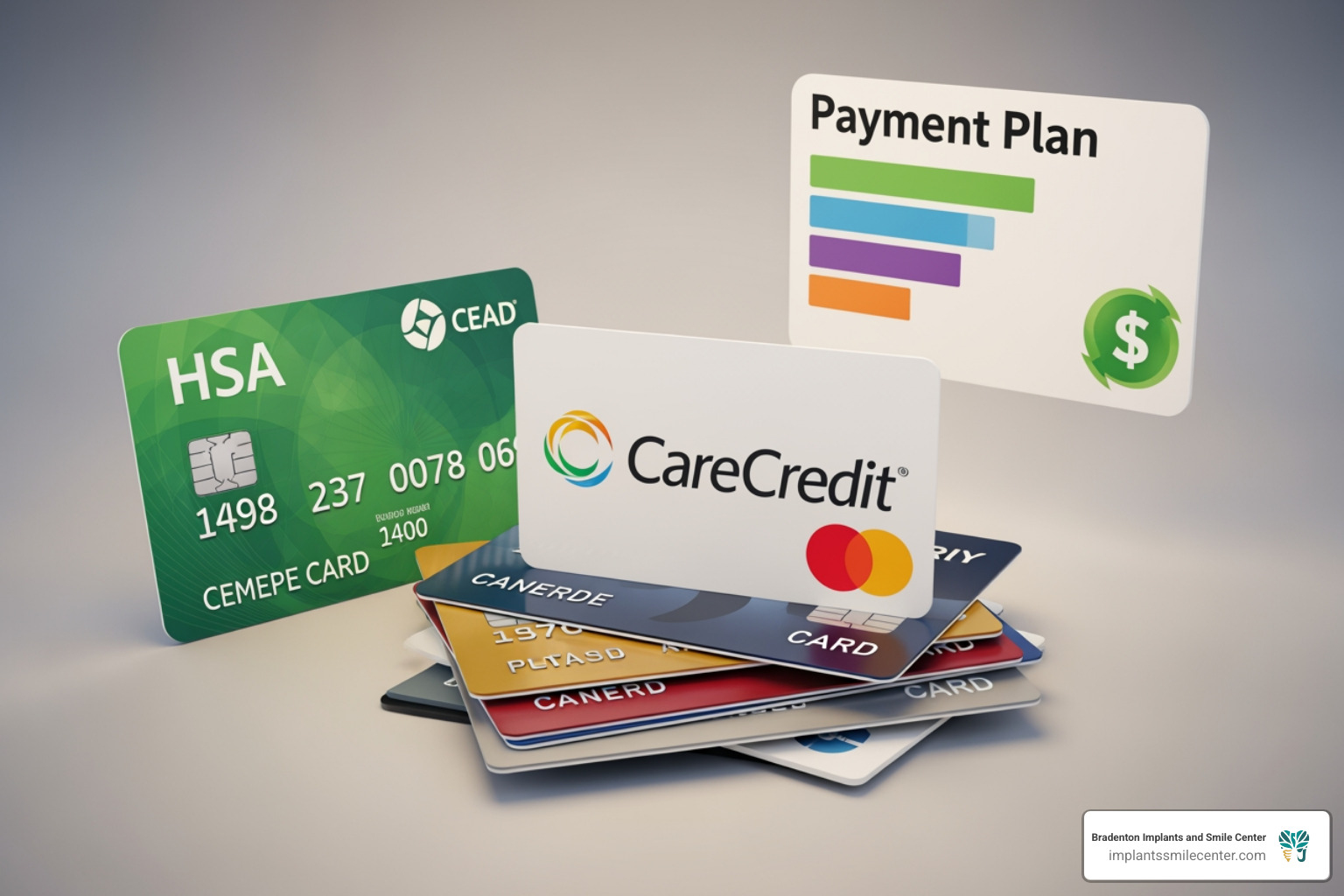 Illustration of various payment methods including credit cards, CareCredit logo, HSA card, and a payment plan graphic Illustration of various payment methods including credit cards, CareCredit logo, HSA card, and a payment plan graphic