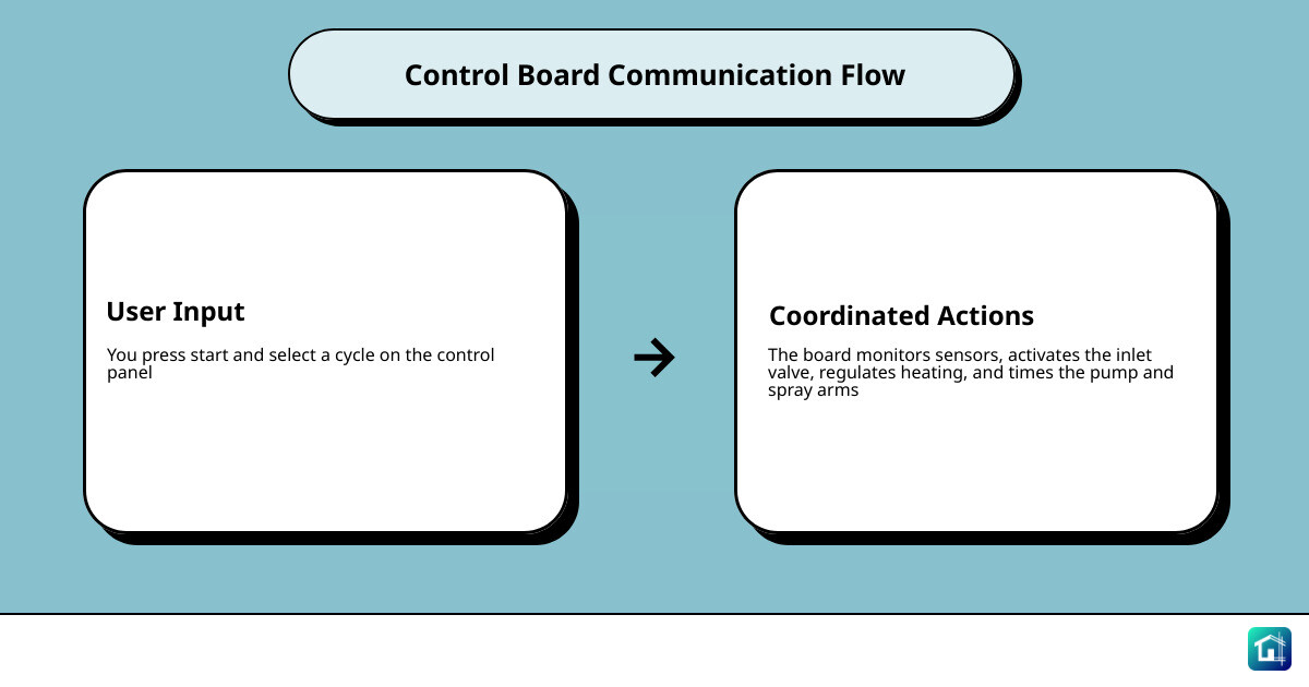 Infographic showing how a dishwasher control board communicates with sensors pumps heating elements and cycle timer