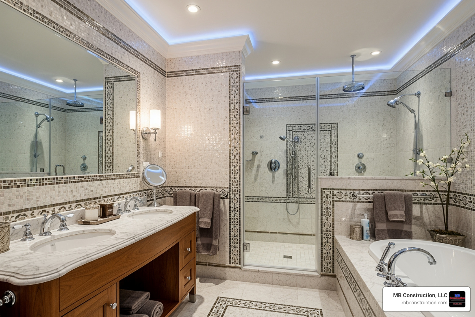 high-end bathroom fixtures and intricate tile work