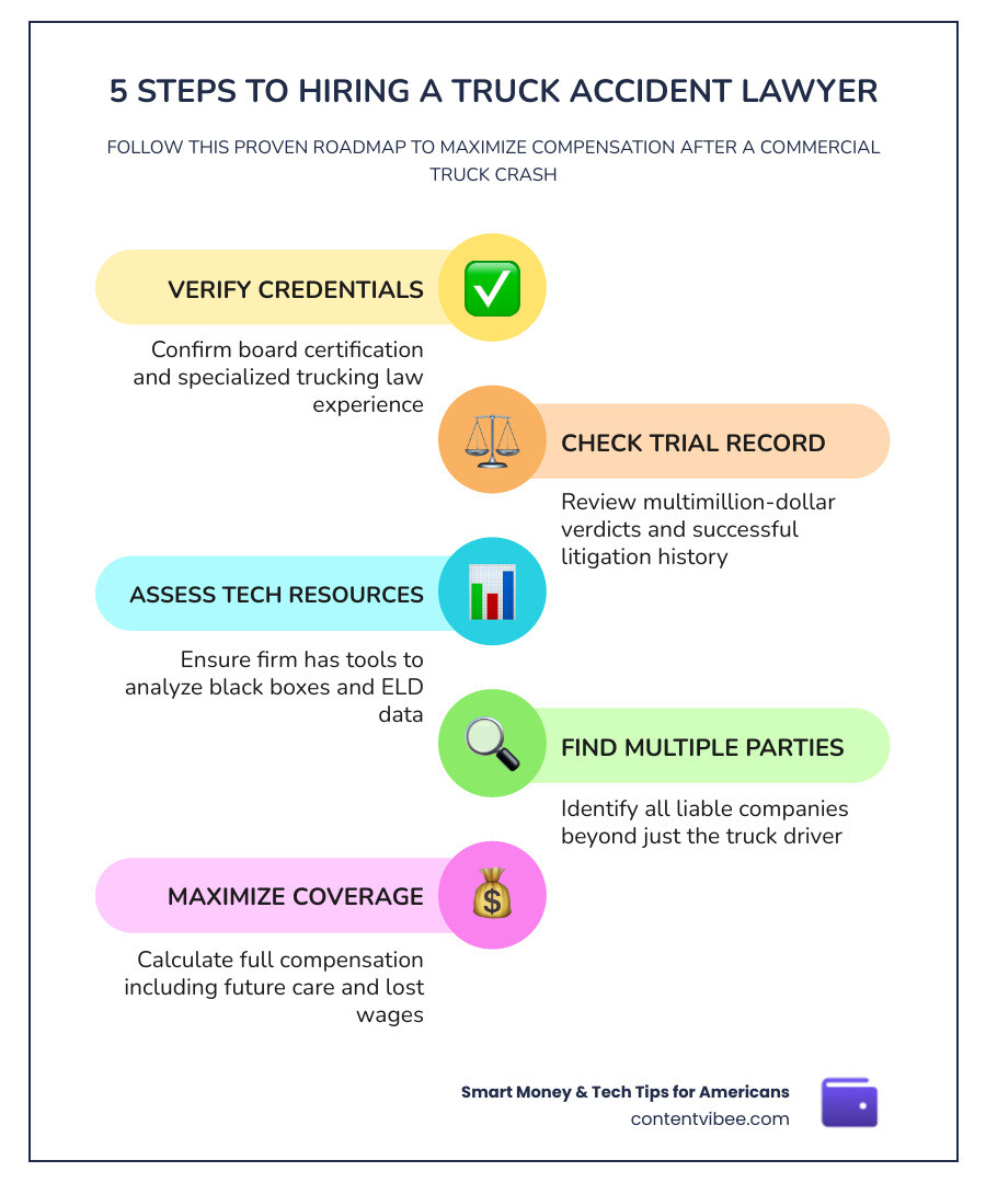 Infographic summarizing the 5 steps to hiring a truck accident lawyer infographic