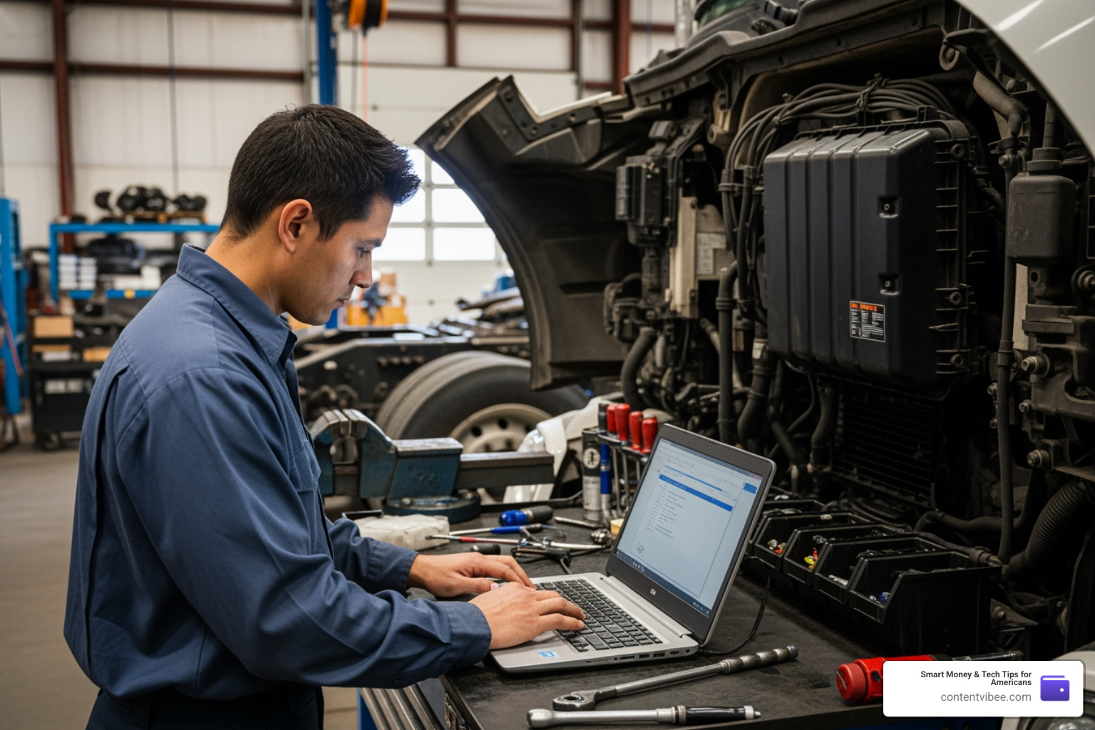 Technician extracting data from a truck's black box or ECM