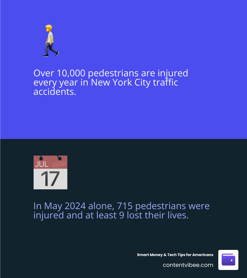 NYC pedestrian injury statistics infographic showing daily injuries, annual totals, borough breakdown, and no-fault coverage