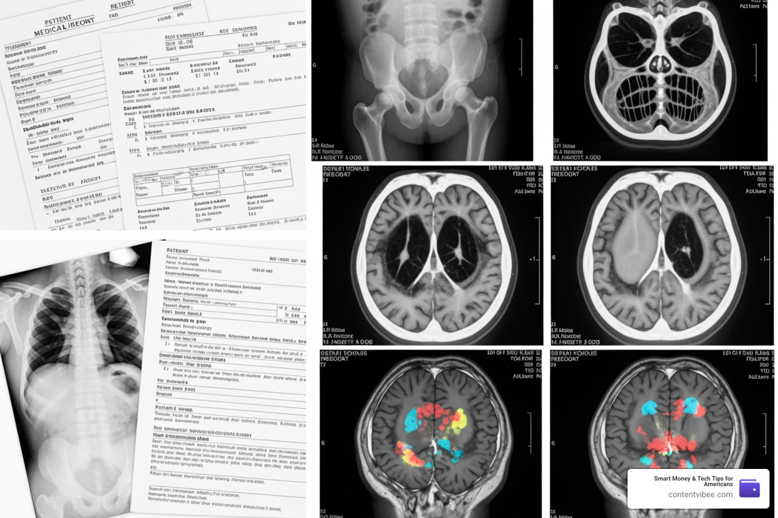 medical records and diagnostic scans showing fractures and traumatic brain injuries