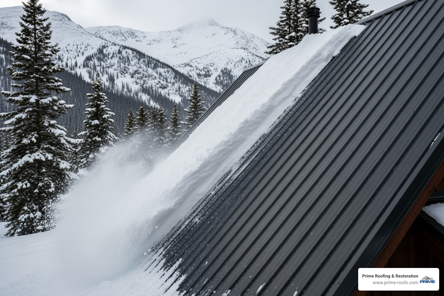 A metal roof showing a large sheet of snow sliding off smoothly A metal roof showing a large sheet of snow sliding off smoothly