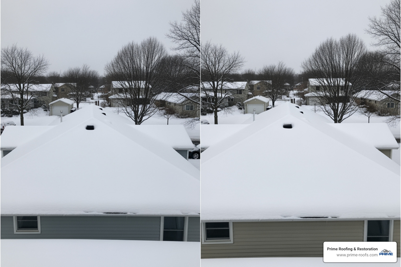 Comparison of a 6/12 steep pitch versus a 2/12 low slope roof showing snow accumulation Comparison of a 6/12 steep pitch versus a 2/12 low slope roof showing snow accumulation