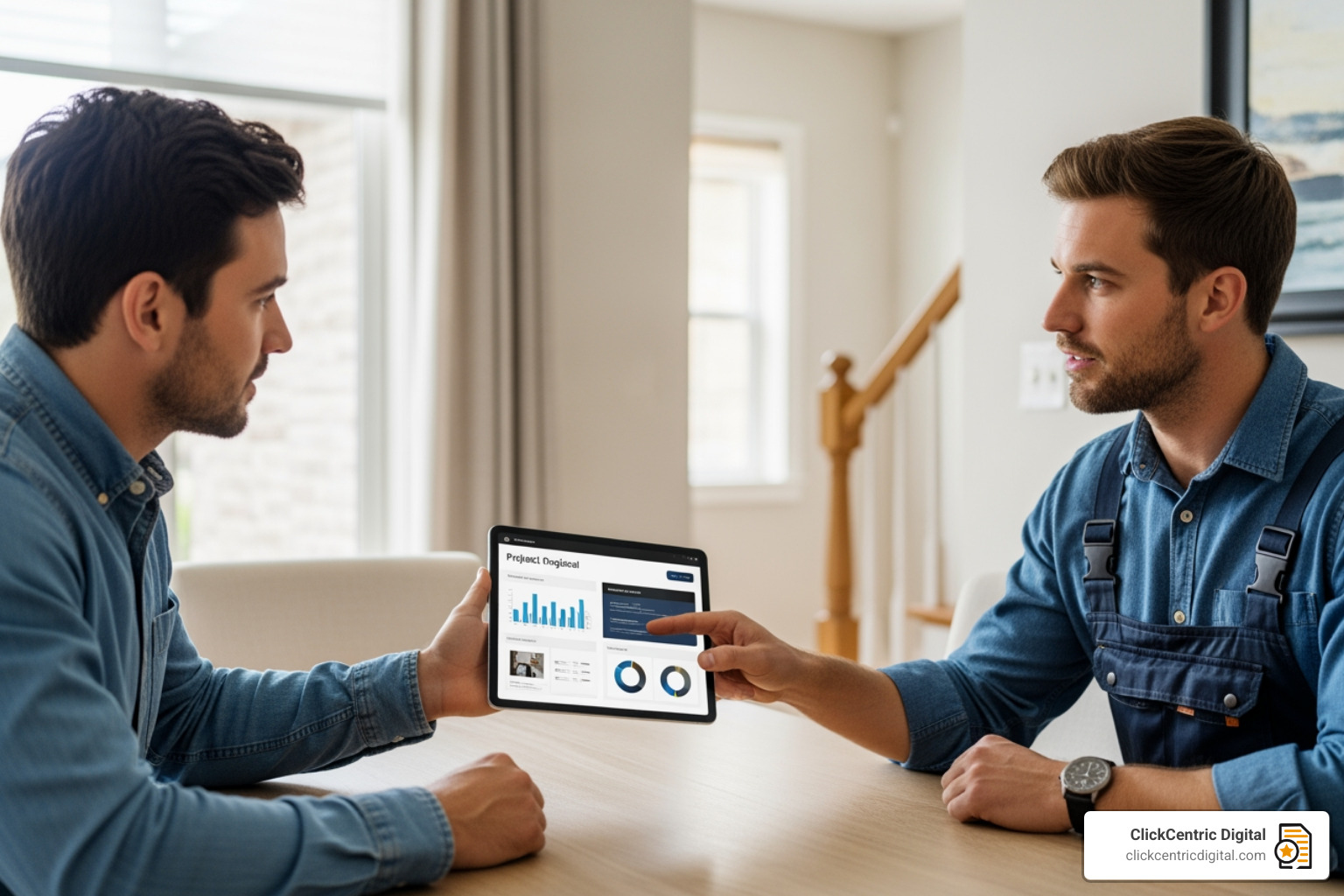 contractor presenting a professional, digital proposal to a homeowner on a tablet