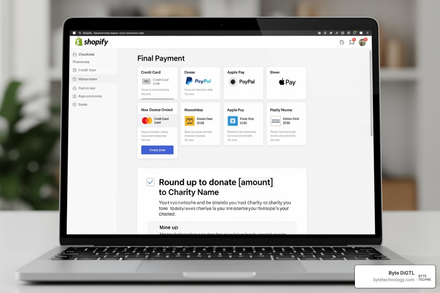 Shopify checkout extension showing a donation round-up option in the final payment step Shopify checkout extension showing a donation round-up option in the final payment step