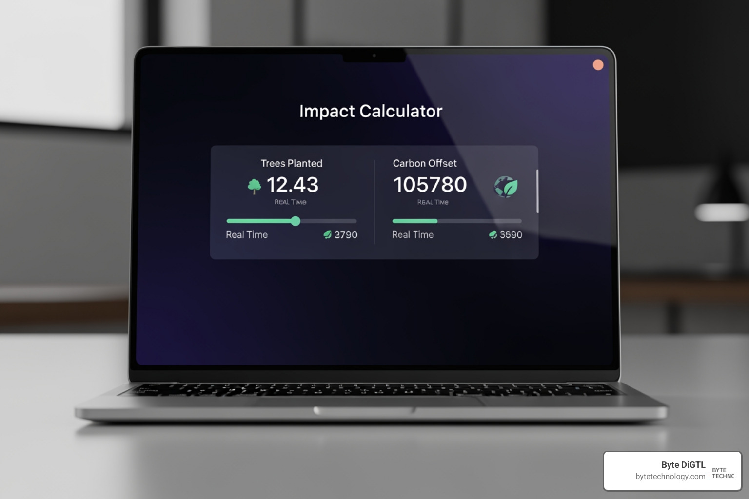 Impact calculator widget showing real-time trees planted and carbon offset metrics Impact calculator widget showing real-time trees planted and carbon offset metrics