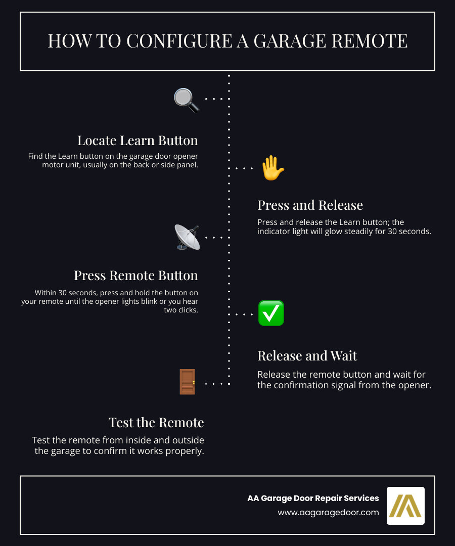 Infographic showing radio frequency connection between garage door remote and opener unit, with 5-step programming overview Infographic showing radio frequency connection between garage door remote and opener unit, with 5-step programming overview