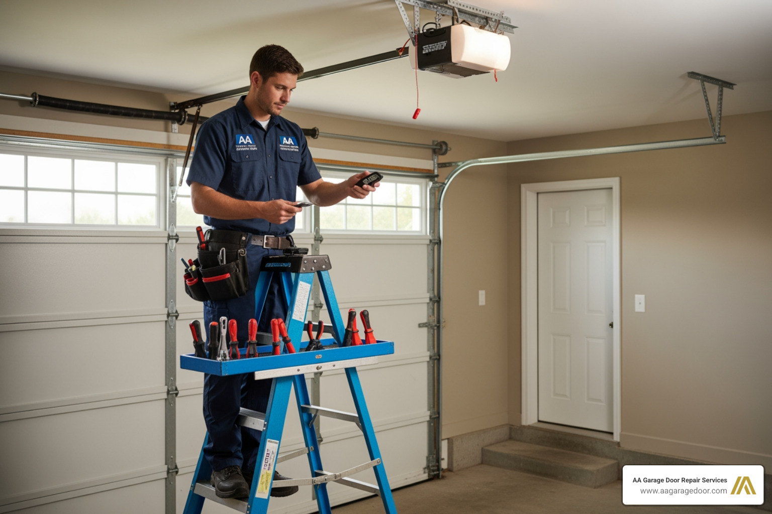 Professional technician preparing tools for garage door programming including ladder and remote Professional technician preparing tools for garage door programming including ladder and remote