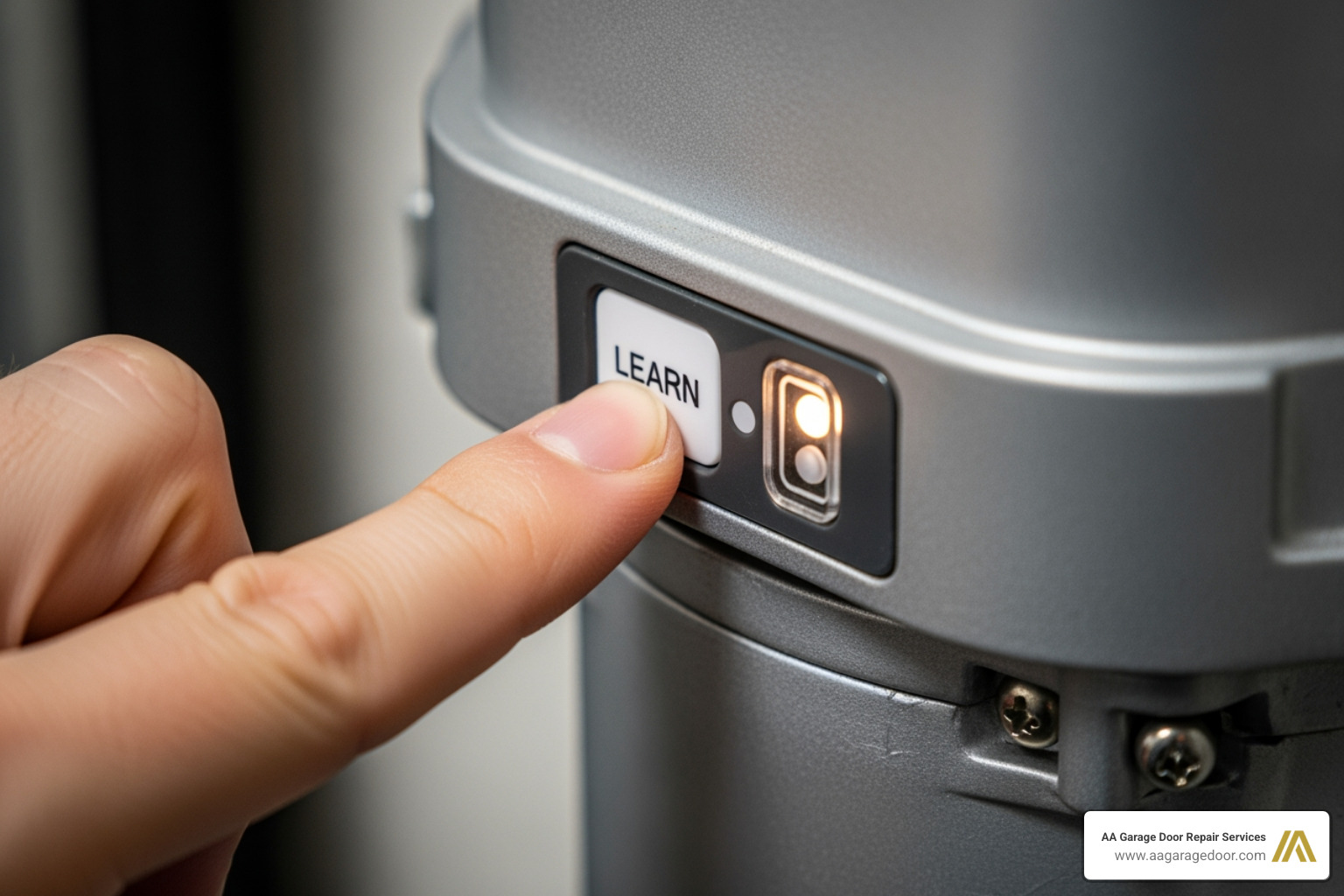 Close-up of a hand pressing the Learn button on a garage door motor unit Close-up of a hand pressing the Learn button on a garage door motor unit