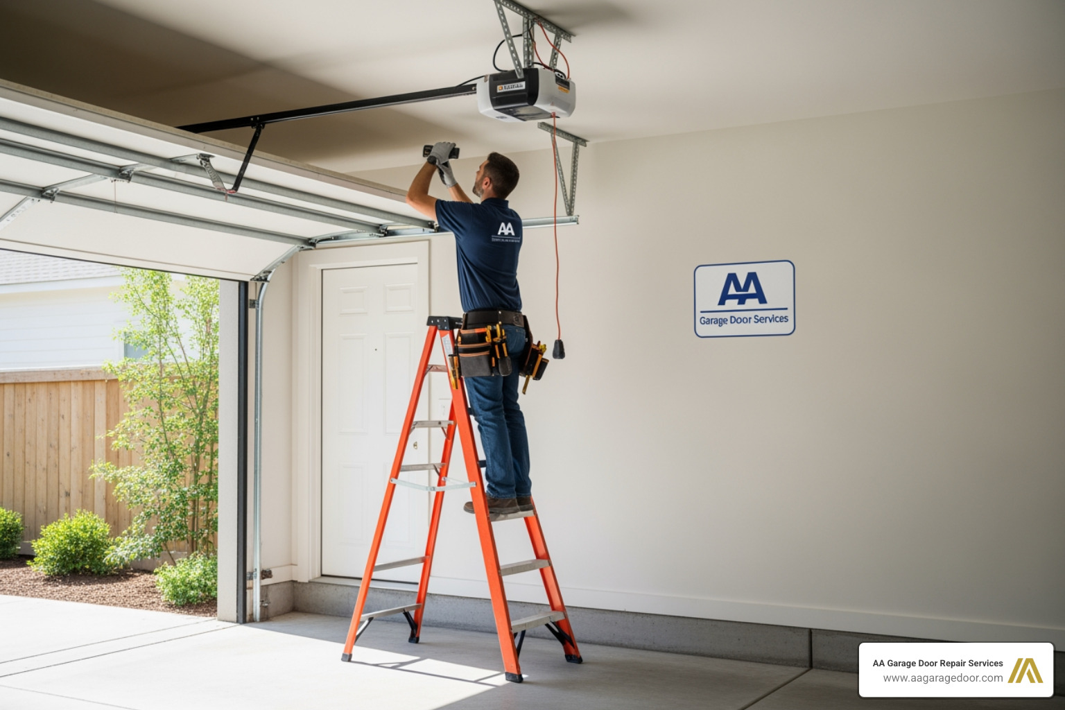 Technician on a ladder accessing the garage door motor unit