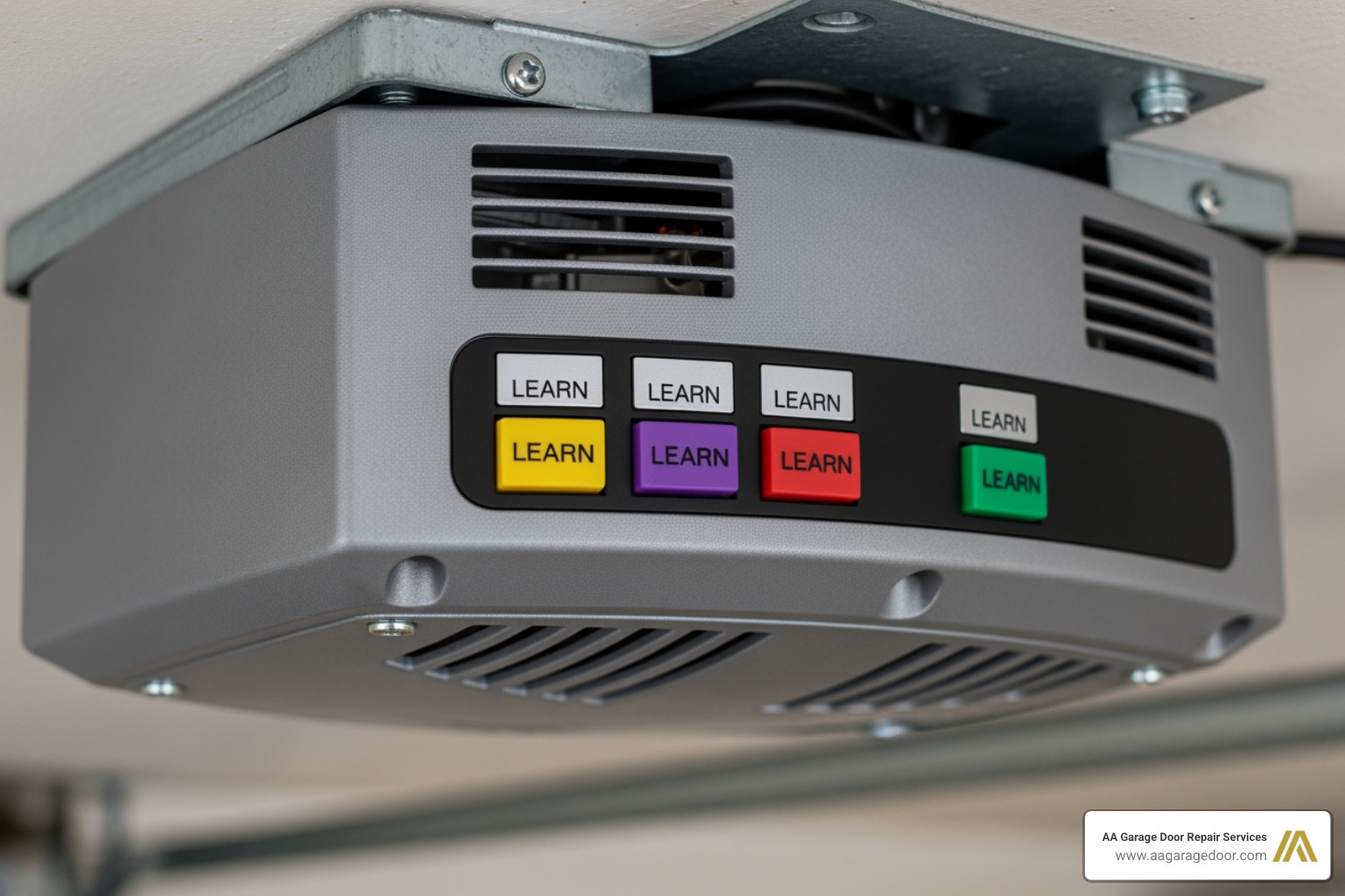 Different colored Learn buttons on a garage door motor unit