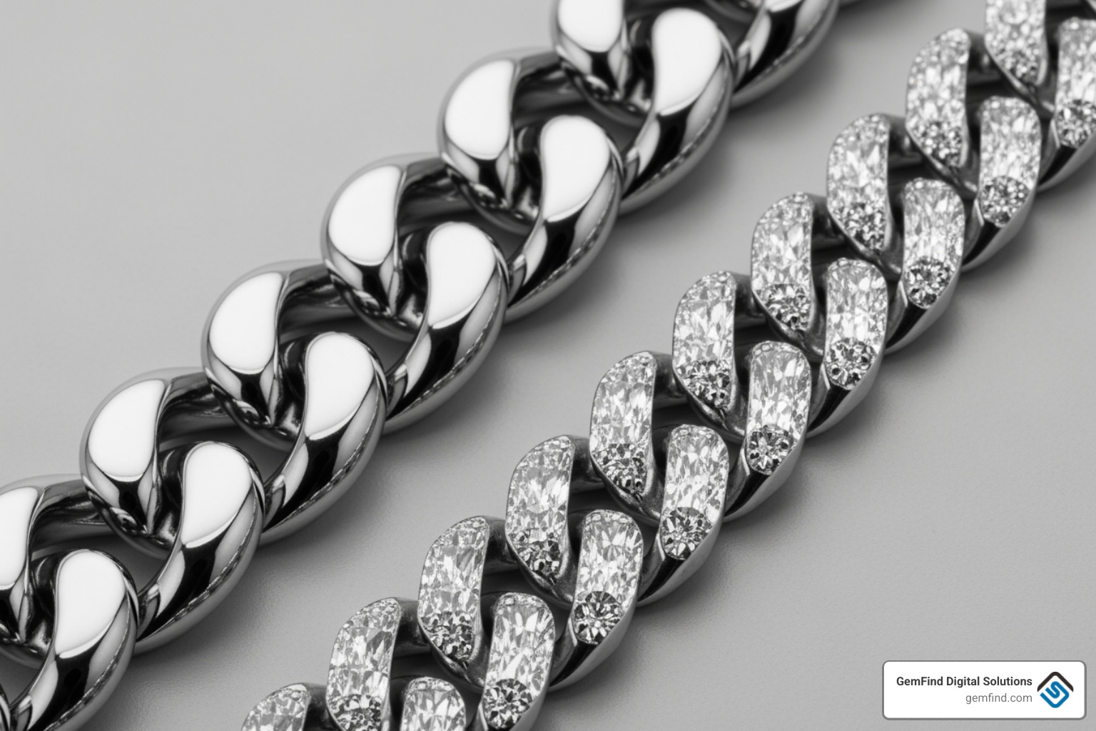 Detailed view showing the difference between smooth rounded links and sharp faceted diamond cut links