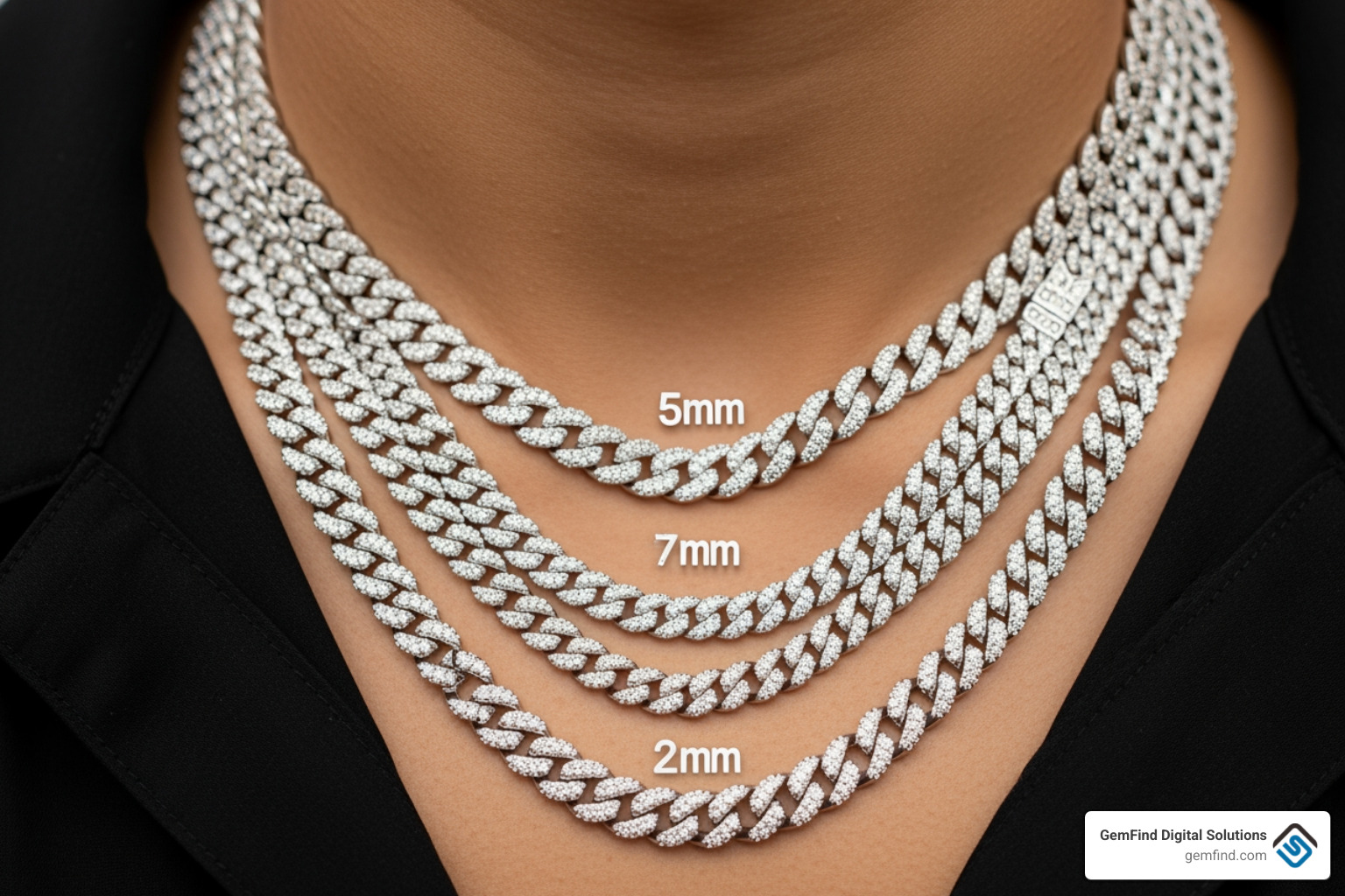 Comparison of various diamond cut Cuban chain widths from 5mm to 20mm on a neck model