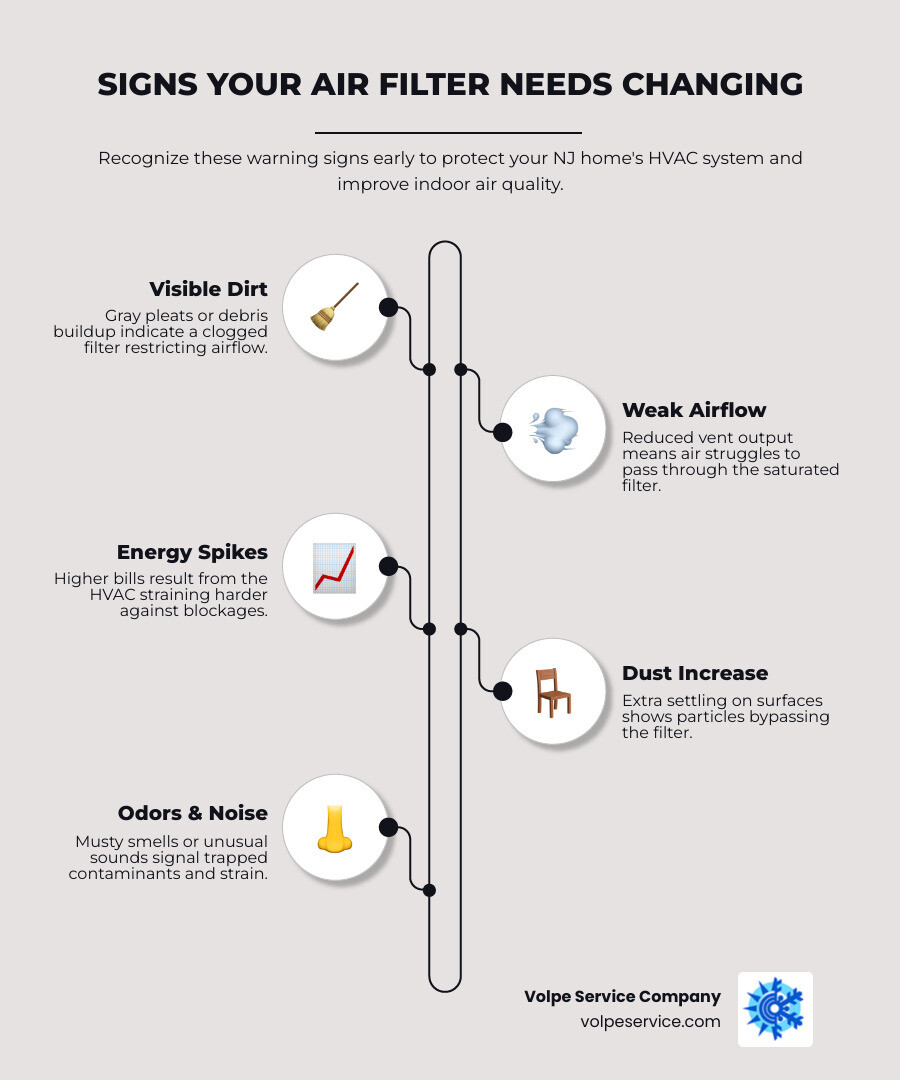 Infographic showing 8 signs your air filter needs changing with icons for airflow, dust, energy bills, and odors infographic Infographic showing 8 signs your air filter needs changing with icons for airflow, dust, energy bills, and odors infographic