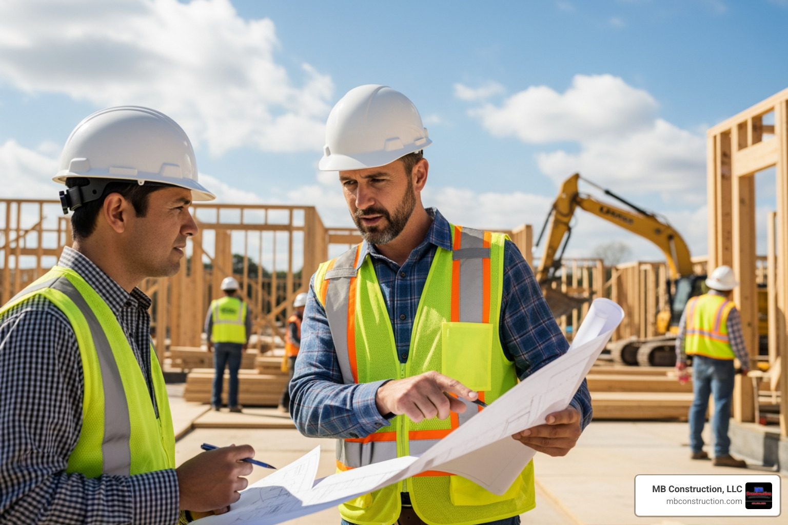 project manager and homeowner reviewing blueprints on site