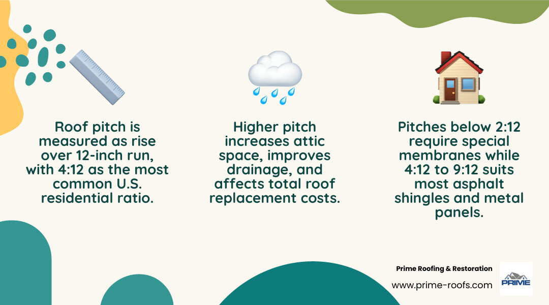 Infographic showing roof pitch ratios from 2:12 to 12:12 with degrees, slope categories, and compatible roofing materials Infographic showing roof pitch ratios from 2:12 to 12:12 with degrees, slope categories, and compatible roofing materials