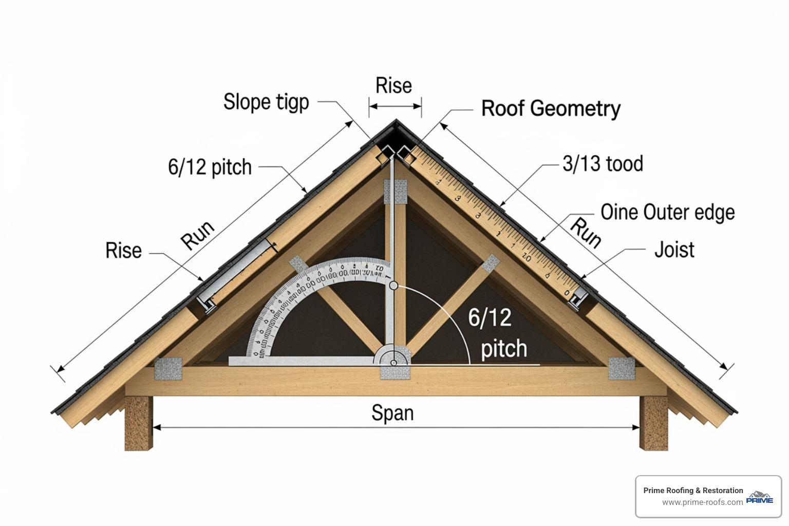 Graphic comparing roof pitch vs slope geometry showing rise, run, and span Graphic comparing roof pitch vs slope geometry showing rise, run, and span