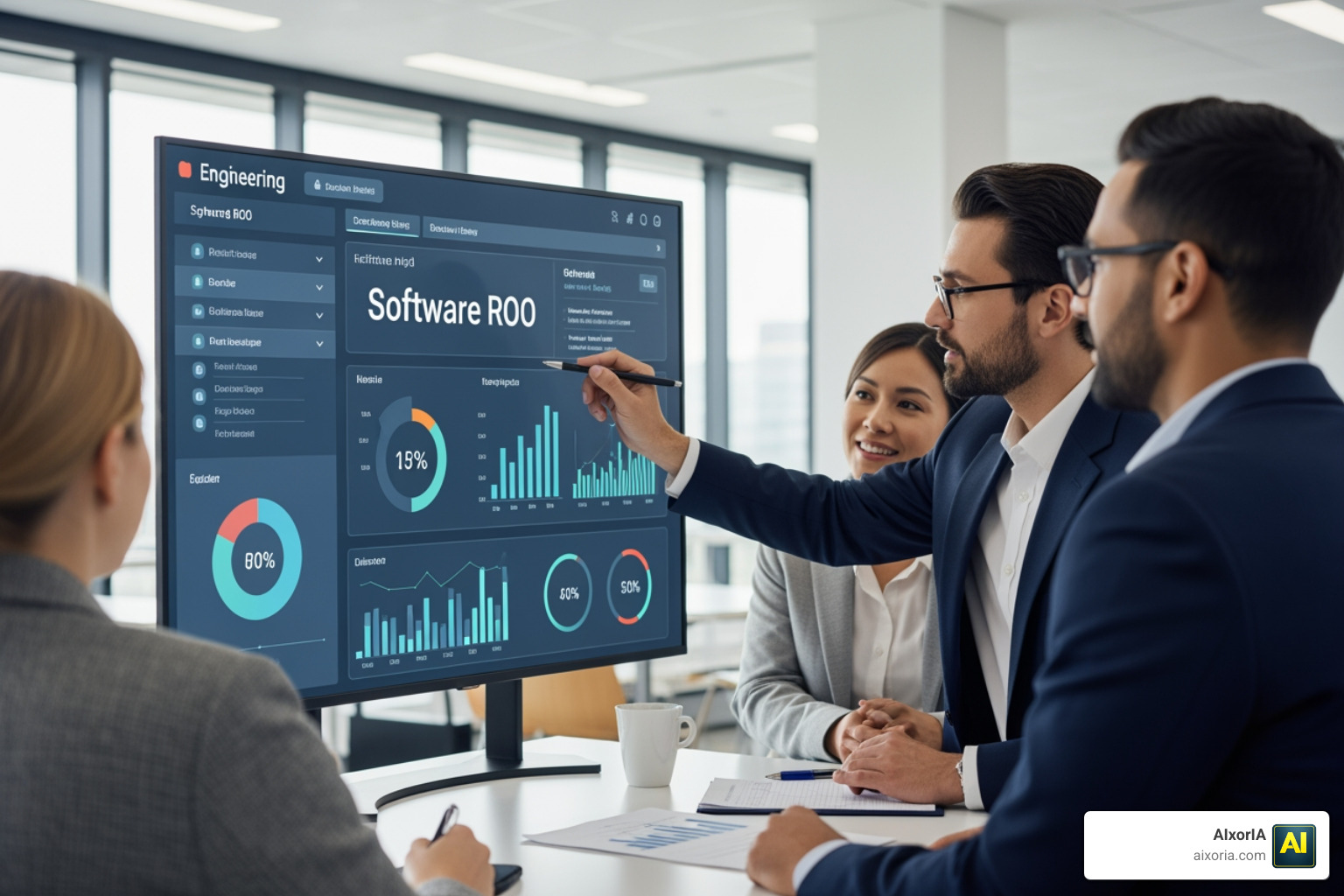 engineering executives evaluating software ROI on a large digital dashboard