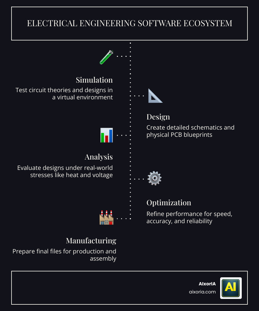 Electrical engineering software ecosystem from simulation and design to analysis and manufacturing infographic