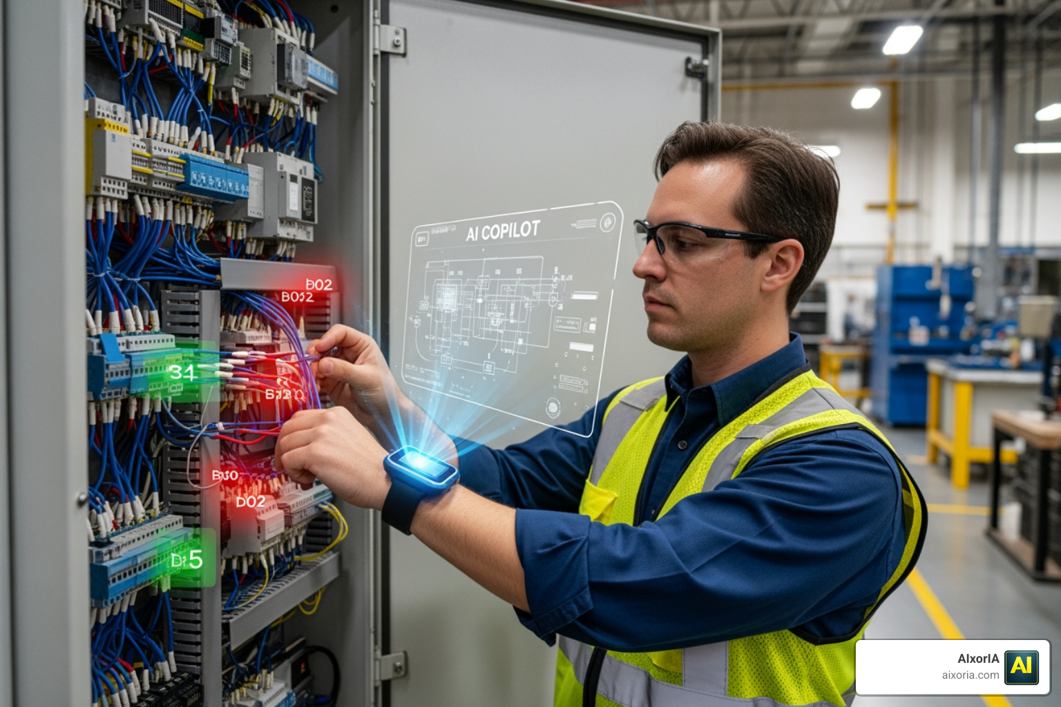 An AI copilot assisting an engineer with control cabinet wiring and error checking