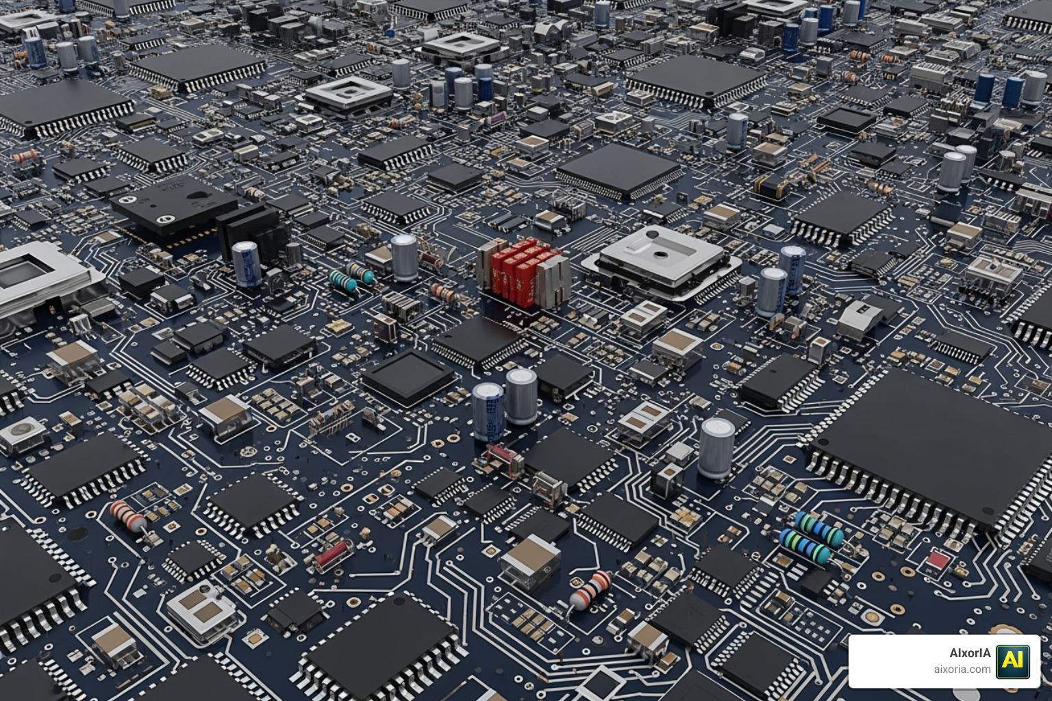 A complex 3D PCB layout showing high-density routing and components